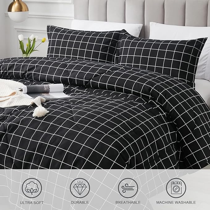 Andency Black Grid Comforter Set Full Size (79x90 Inch), 3 Pieces(1 Grid Comforter and 2 Pillowcases), Summer Lightweight Microfiber Down Alternative Black Comforter with White Lines