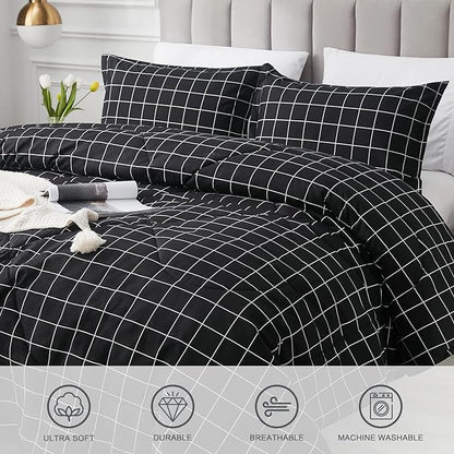 Andency Black Grid Comforter Set Full Size (79x90 Inch), 3 Pieces(1 Grid Comforter and 2 Pillowcases), Summer Lightweight Microfiber Down Alternative Black Comforter with White Lines