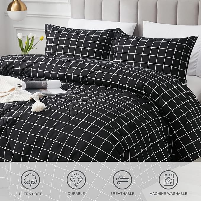 Andency Black Grid Comforter Set Twin Size (66x90 Inch), 2 Pieces(1 Grid Comforter and 1 Pillowcase), Summer Lightweight Microfiber Down Alternative Black Comforter with White Lines for Kids Girls