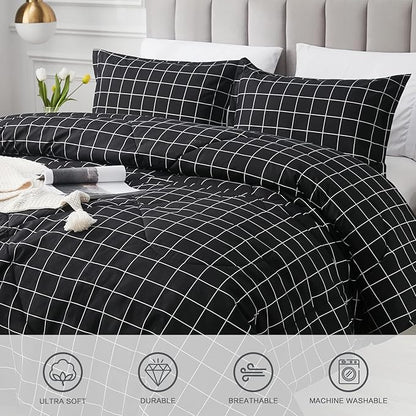 Andency Black Grid Comforter Set Twin Size (66x90 Inch), 2 Pieces(1 Grid Comforter and 1 Pillowcase), Summer Lightweight Microfiber Down Alternative Black Comforter with White Lines for Kids Girls