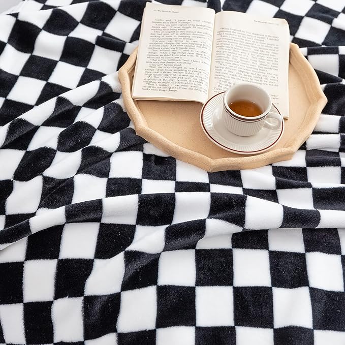 LOMAO Throw Blankets Flannel Blanket with Checkerboard Grid Pattern Soft Throw Blanket for Couch, Bed, Sofa Luxurious Warm and Cozy for All Seasons (Black, 90"x90")