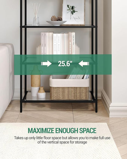 Bookcase Bookshelf, Tempered Glass Bookshelves, Slim Shelving Unit for Bedroom, Bathroom, Home Office, Steel Frame, 4 Tier Black BC21499B