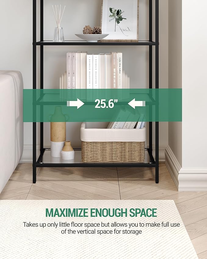 Bookcase Bookshelf, Tempered Glass Bookshelves, Slim Shelving Unit for Bedroom, Bathroom, Home Office, Steel Frame, 5 Tier Black BC21599B