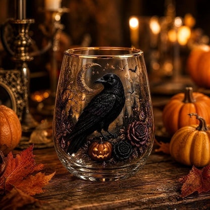 3D Halloween Autumn Glass Art Cup,Stemless Holiday Glassware Collection | Fantasy Fall Witch Wine Glasses,Holiday Printed Table Ornaments,Magical Halloween Home Decor Gifts for Various Beverages