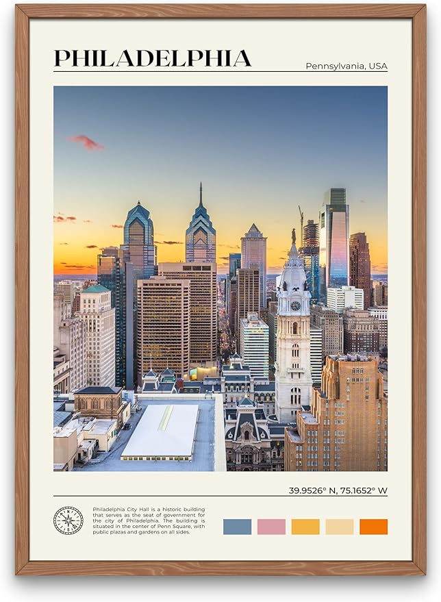 StudioUBILA Philadelphia Wall Art Poster, Decorative Cityscape Landscape Art Prints, Home Decor Wall Art Print for Bedroom Living Room Kitchen Decorations, Unframed