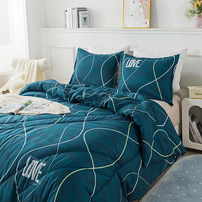 Blue Green Comforter Set King Size, 3 Pieces Modern Lines Pattern with Love, Soft Microfiber Bedding Comforter Set, Down Alternative Comforters for All Season (104 * 90’’)