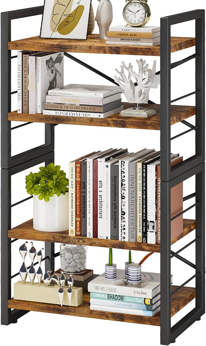 Bookshelf, 4 Tier Stackable Bookcase, Adjustable Industrial Book Shelf Storage Organizer for Desktop, Living Room, Bedroom, Office(Rustic Black and Brown)