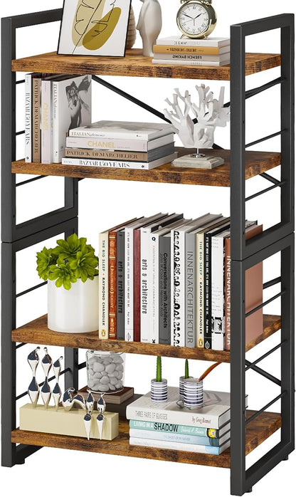 Bookshelf, 4 Tier Stackable Bookcase, Adjustable Industrial Book Shelf Storage Organizer for Desktop, Living Room, Bedroom, Office(Rustic Black and Brown)