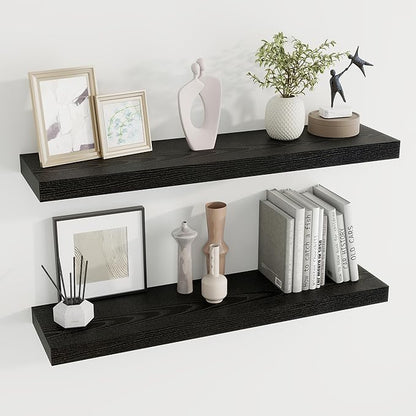 36 inch Floating Shelves Wall Shelves for Office with Invisible Brackets, 8 inch Deep Shelves for Bathroom, Living Room, Kitchen, Office, 36x7.9 inch deep Set of 2, Black