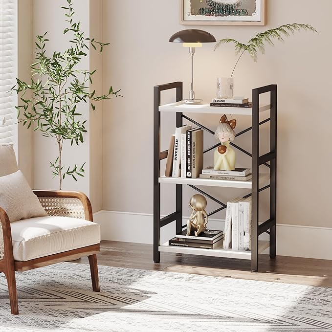 Bookshelf, 3 Tier Industrial Bookcase, Metal Small Bookcase, Rustic Etagere Book Shelf Storage Organizer for Living Room, Bedroom, and Home Office(White) Patent Pending D29873033