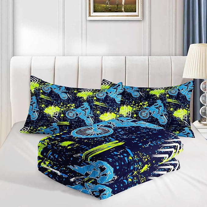 Axolotl Boys Dirt Bike Bedding Set Queen,Dirt Bike Comforter Set,Extreme Sports Tie Dye Bedding Set Motor Biker,Motocross Rider Comforter Set for Boys Kids Teens Men,1 Quilt 2 Pillowcases,Blue Green