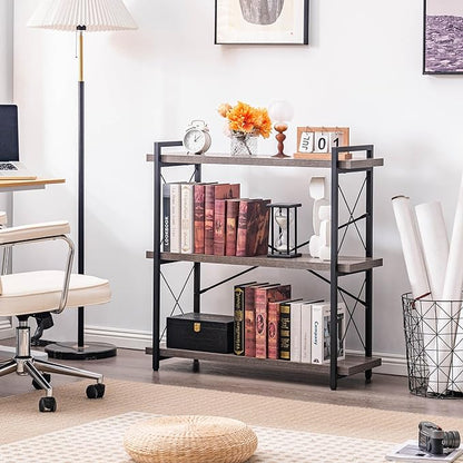 HCHQHS Bookshelf, 3-Tier Industrial Bookcase, Rustic Open Book Shelf, Freestanding Horizontal Bookshelves with Metal Frame