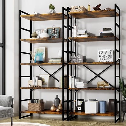 Shintenchi 2 Pieces 5 Tiers Bookshelf, Classically Tall Bookcase Shelf, Industrial Book Rack, Modern Book Holder in Bedroom/Living Room/Home/Office, Storage Rack Shelves for Books/Movies Brown