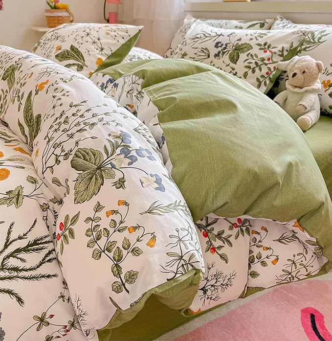 Botanical Comforter Set Full White and Sage Green Floral Plant Bedding Set Garden Pattern Printed on White Reversible Blanket 3 PCs 1 White Comforter 80"x90" and 2 Pillowcases