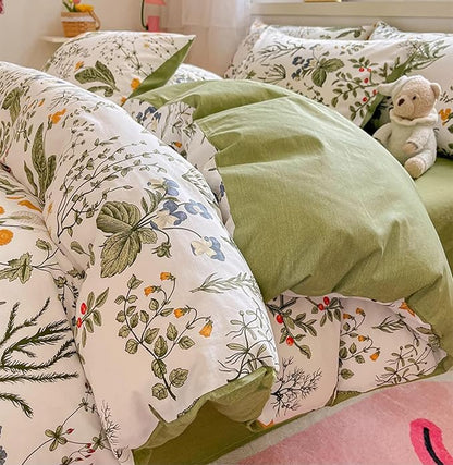 Botanical Comforter Set Cal King White and Sage Green Floral Plant Bedding Set Garden Pattern Printed on White Women Reversible Blanket 3 PCs Girls Breathable White Floral Bed Comforter Set