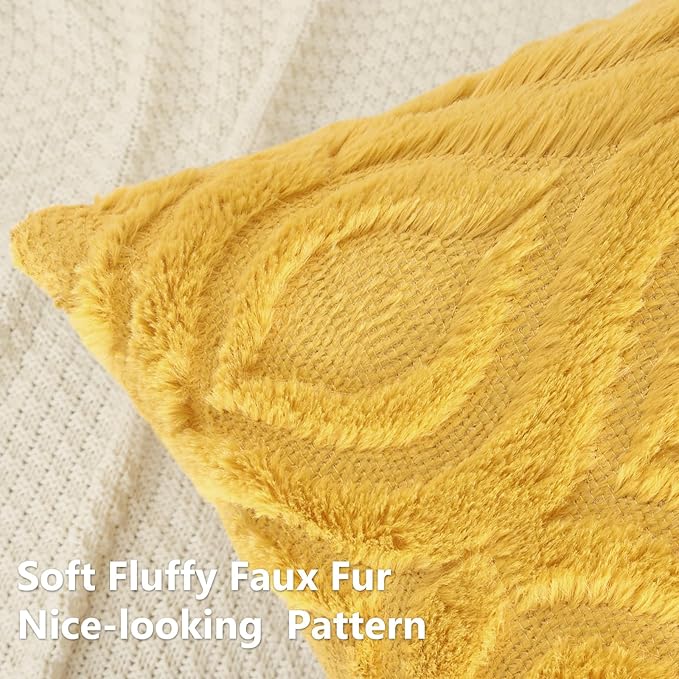 decorUhome Throw Pillow Covers 12x20 Inch Set of 2, Soft Plush Decorative Faux Fur Mustard Yellow Solid Couch Pillow Covers, Accent Farmhouse Neutral Lumbar Euro Pillow Cases for Sofa Bed Living Room