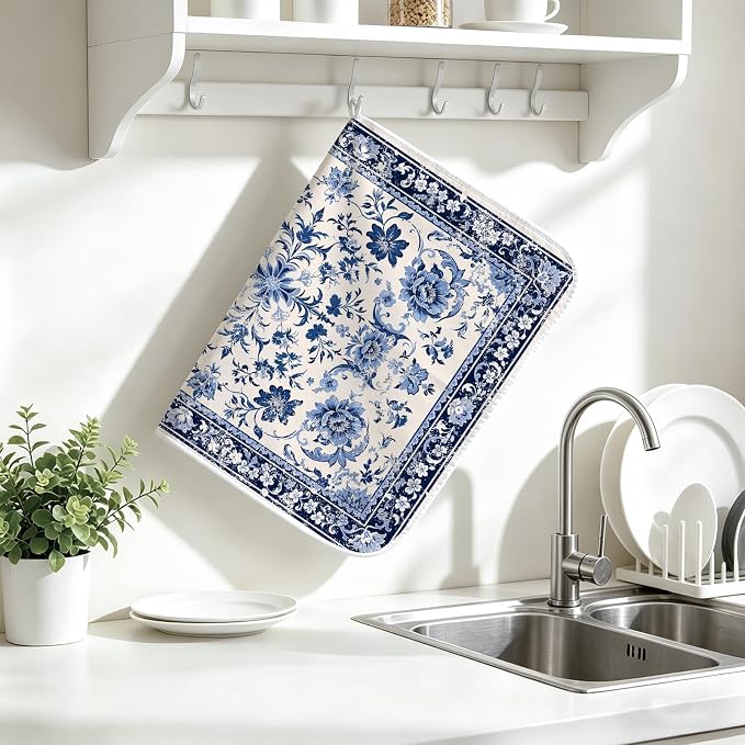 Chinoiserie Dish Drying Mat for Kitchen Coffee Bar 18x24 in Home Decor | Chinese Aesthetic Non Slip Absorbent Kitchen Dishes Drainer Mat, with Anti-slip Rubber Backing & Hanging Loop, for Sink