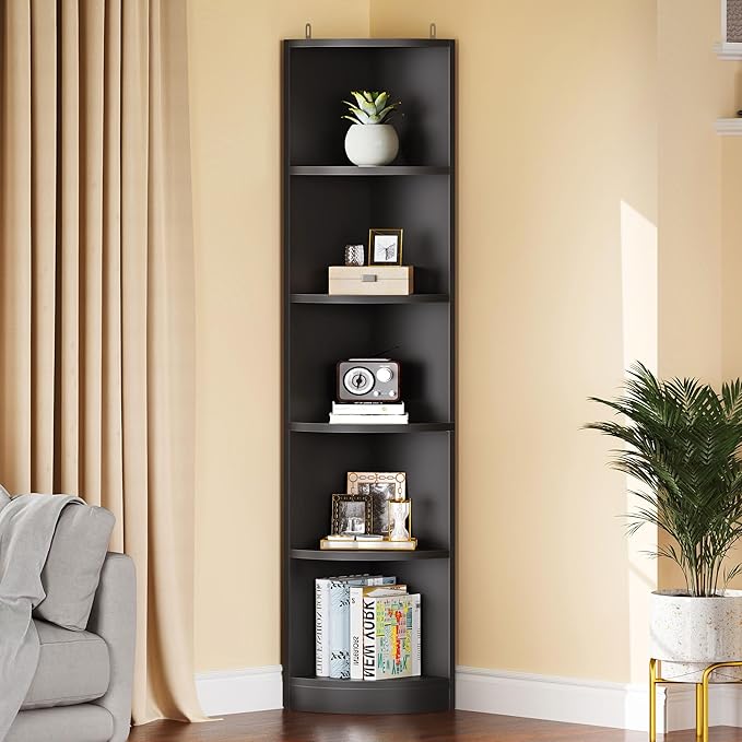 YITAHOME 5-Tier Corner Shelf, 70.8" Tall Modern Free Standing Corner Bookshelf, 5 Shelf Display Corner Bookcase and Bookshelves,Wooden Open Storage Book Shelves for Living Room, Home Office, Black