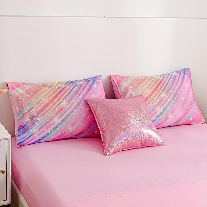 Btargot 6 Pieces Pink Gradient Star Ring Comforter Set for Boys Girls Teens, Twin Size Colorful Glitter Rainbow Star Galaxy Bedding Set