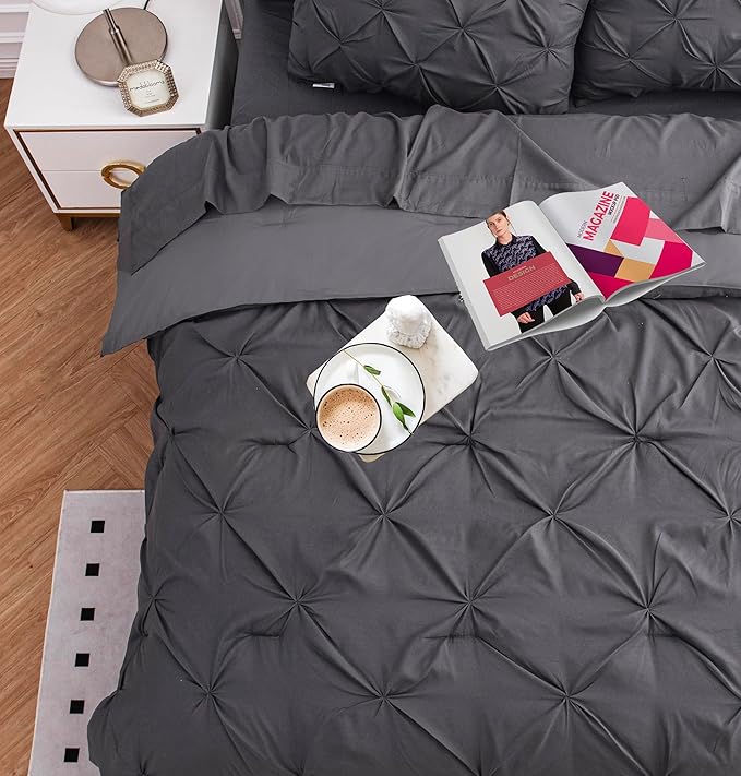 LANE LINEN Twin Comforter Set with Sheets, 5 Piece Twin Bed in a Bag Set, Pintuck Twin Bedding Sets, Ultra Soft Twin Bed Set, Fluffy Comforter, Twin Size Comforter Set with Pillowcases & Shams - Grey