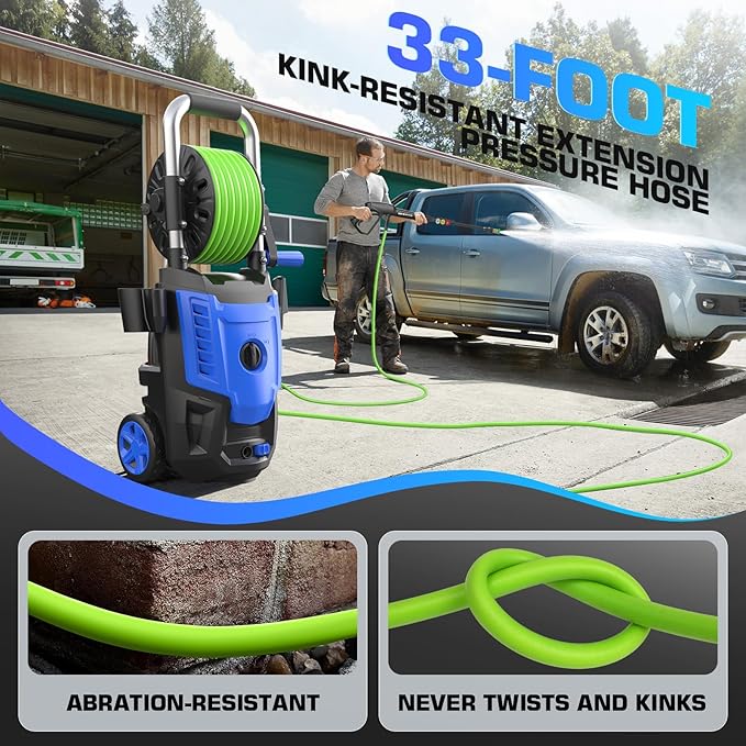 4800 PSI Pressure Cleaner- 4.0 GPM High Power Cleaner with 33FT Hose Reel, 4 Spray Tips and Soap Bottle for Car Washing, Fence Cleaning, Patio Maintenance（Upgraded）(Blue)