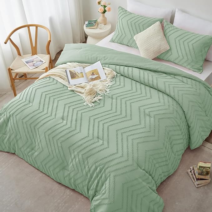 CozyLux King Size Comforter Set Sage Green - 3 Pieces Boho Tufted Shabby Chic Bedding Comforter Set for All Seasons, Chevron Bedding Sets with Comforter & 2 Pillow Shams
