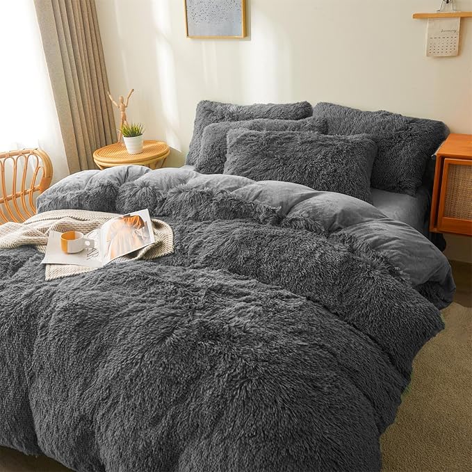 FOPPA Dark grey fluffy Comforter Cover Set king- Ultra Soft fluffy Dark grey Bedding Sets 3 Pieces (1 Duvet Cover + 2 Pillow case) Dark grey fluffy bed set (Dark Grey, King)