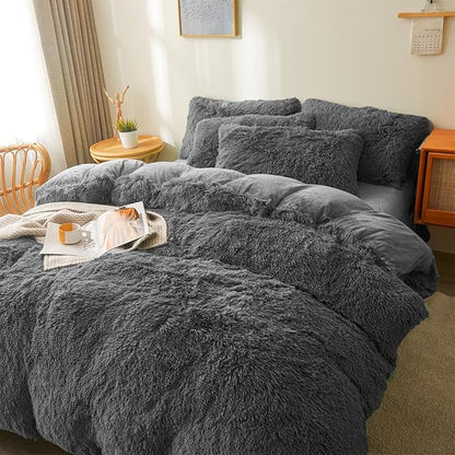 FOPPA Dark grey fluffy Comforter Cover Set king- Ultra Soft fluffy Dark grey Bedding Sets 3 Pieces (1 Duvet Cover + 2 Pillow case) Dark grey fluffy bed set (Dark Grey, King)