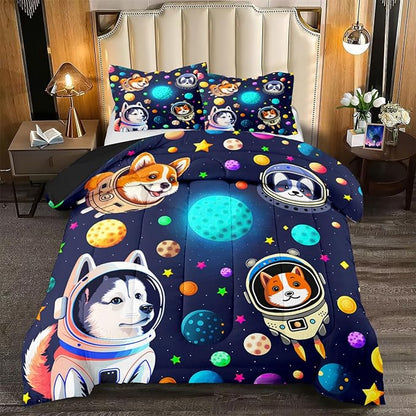 Dog Pattern Comforter Set - 3Pcs Cartoon Universe Dogs Theme Bedding Set for Boys Girls Kids Bedroom Kawaii Animal Pets Bedspreads Cover with 2 Pillowcases for All Season, Queen Size
