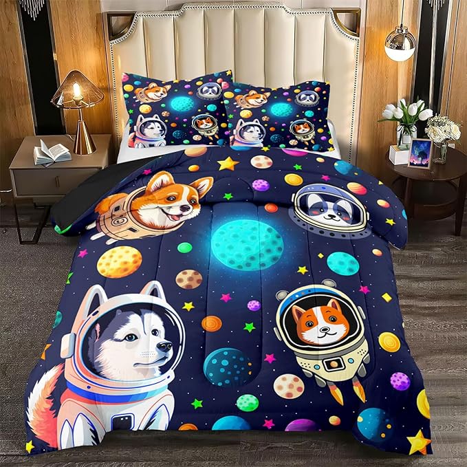 Dogs Full Size Bedding Set - 3Pcs Cute Dogs Comforter Set for Boys Ultra Soft Universe Corgi Husky Alaska Pattern Bedding Set for Kids Girls Boys Lightweight Blue-Black Reversible for All Season