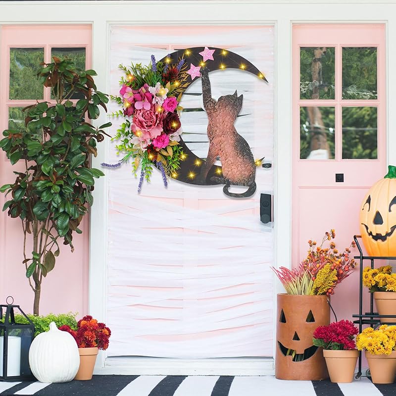 Halloween Wreaths for Front Door with Light, Black Cat Crescent Moon Wreath, Cute Cat Garland Halloween Door Decorations for Outdoor Indoor Decor Wall Window Home Party
