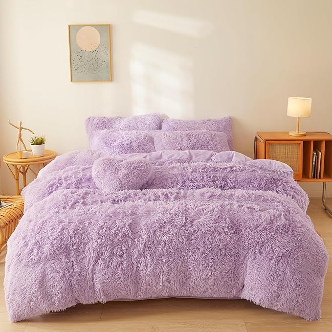 Fluffy Lilac comforters Cover twin size - Ultra Soft Plush Lilac bedding Sets 2 Pieces (1 faux fur comforter Cover + 1 fuzzy pillow case) girls shaggy Lilac twin bed set (Lilac, Twin)