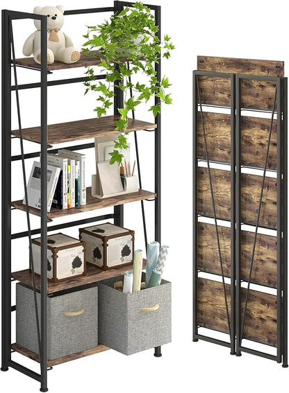 4NM No-Assembly Folding Bookshelf Storage Shelves 5 Tiers Vintage Bookcase Standing Racks Study Organizer Home Office (Rustic Brown and Black)