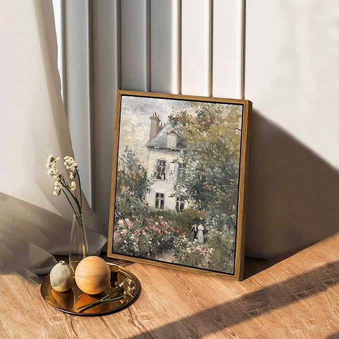 Floating Framed Canvas Vintage Wall Art, Neutral English Cottage Rose Garden Oil Paintings Print, Spring Pictures Wall Decor for Living Room Hallway Bedroom Office Rustic Decor 8x10 inch