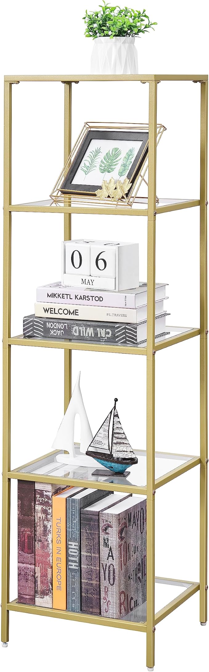 5-Tier Bookshelf,Metal Bookcase,Tempered Glass Shelves,Storage Rack Shelf for Home Office,Living Room,Bedroom, Bathroom,Modern Style,Golden