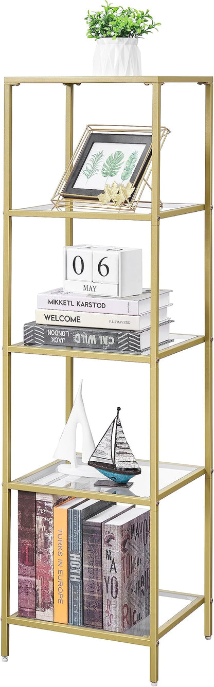 5-Tier Bookshelf,Metal Bookcase,Tempered Glass Shelves,Storage Rack Shelf for Home Office,Living Room,Bedroom, Bathroom,Modern Style,Golden