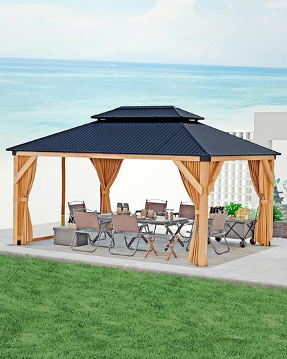 GAOMON Hardtop Spruce Wood Gazebo 10'x12', with Double Roof of Metal Sheets, 4.7'' Heavy Duty Poles, Net, and Curtain, Permanent Building for Patio, Deck, Backyard, Lawn, and Garden, Khaki
