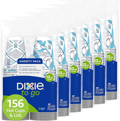Dixie To Go Paper Coffee Cups With Lids, 12 oz, 156 Count (6 packs of 26 cups), Disposable Insulated Paper Cups for On-The-Go Hot or Cold Beverages