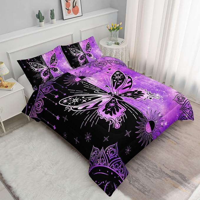Datura home Black Purple Butterfly Comforter Set for Girls Women,Boho Butterfly Sun and Moon Mandala Printed Bedding Set with 2 Pillowcases(Black Purple Queen)