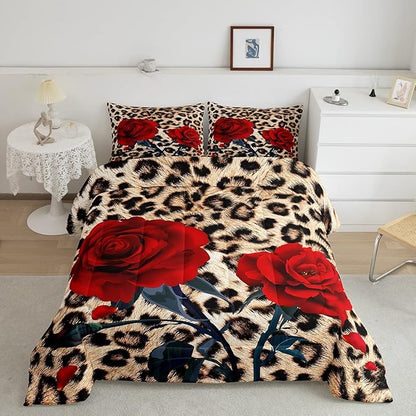 Rose Flower Comforter Set for Teens Adult Women Wedding Gift, Leopard Print Bedding Set Queen Size, Valentine's Day Cheetah Duvet Sets Leopard Animal Skin Down Comforter for Bedroom Decor, Brown
