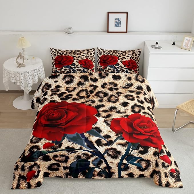 Erosebridal Rose Flower Comforter Set for Kids Girls Women, Leopard Print Down Comforter King Size, 3D Red Floral Petal Bedding Set Cheetah Animal Skin Quilted Duvet for Bedroom Decor, Brown