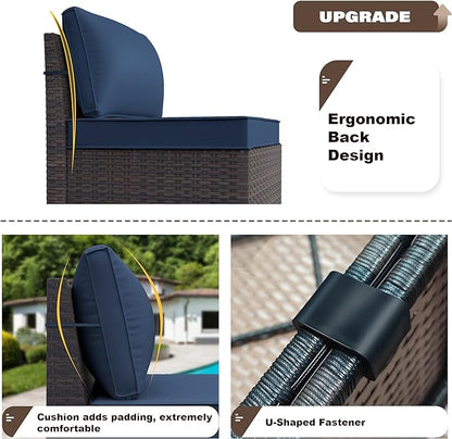 Patio Furniture Set Sofa 6pcs Wicker Sectional Sofa Set, Outdoor Furniture Rattan Patio Conversation Set with Thickened Cushions and Glass Coffee Table, Dark Blue