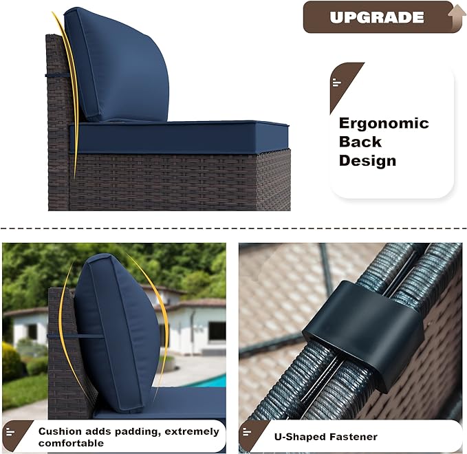 13PCS Patio Furniture Sectional Sofa Set PE Rattan Patio Conversation Set w/43in Gas Fire Pit Table, Outdoor Furniture with 55000 BTU Propane Fire Pit, Navy Blue