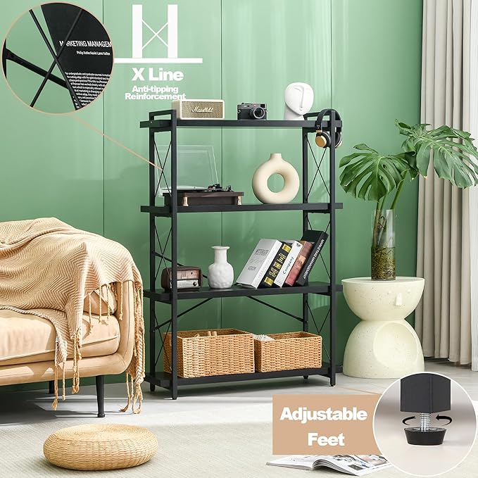 HCHQHS Bookshelf, 4-Tier Industrial Bookcase, Black Open Book Shelf, Freestanding Tall Bookshelves with Metal Frame