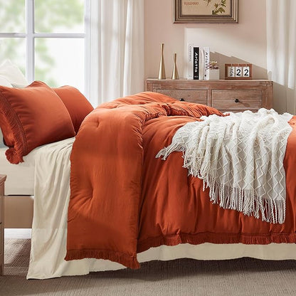 Andency Queen Comforter Set Burnt Orange, 3 Pieces Boho Terracotta Fall Tassel Lightweight Bedding Comforter Sets, All Season Rust Soft Bed Set (90x90In Comforter & 2 Pillowcases)