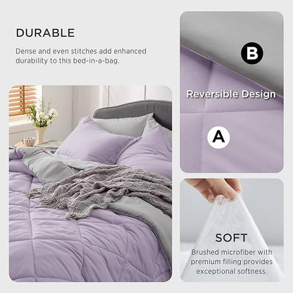 Bedsure Light Purple Twin Comforter Set - 5 Pieces Reversible Twin Bed in a Bag, Extra Long Twin Bed Set Light Purple and Grey with Comforters, Sheets, Pillowcase & Sham