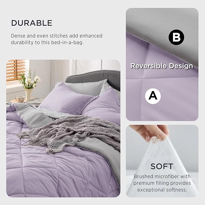 Bedsure Light Purple Queen Comforter Set - 7 Pieces Reversible Queen Bed in a Bag, Queen Bed Set Light Purple and Grey with Comforters, Sheets, Pillowcases & Shams