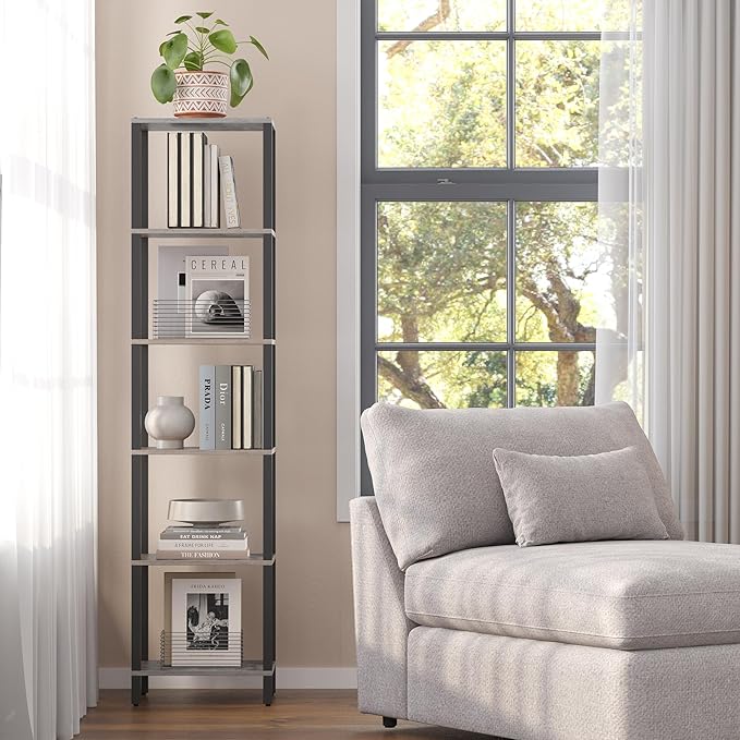 TUTOTAK Bookshelf, 6-Tier Tall Book Shelf, Narrow Bookcase for Small Space, DIY Stackable Bookshelf, for Living Room, Office, Study, Entryway, Industrial, Greige and Black BS01BG006