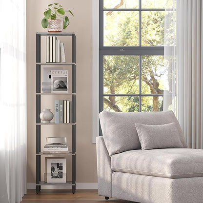 TUTOTAK Bookshelf, 6-Tier Tall Book Shelf, Narrow Bookcase for Small Space, DIY Stackable Bookshelf, for Living Room, Office, Study, Entryway, Industrial, Greige and Black BS01BG006