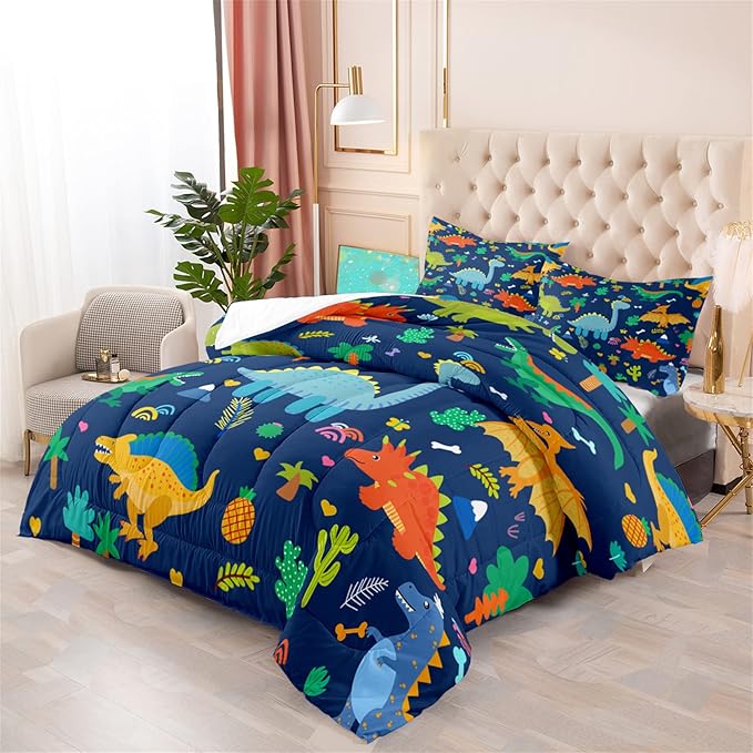 Dinosaur Comforter Set for Boys, Cartoon Dinosaur Bedding Set Queen Size, Cute Blue Pattern Dinosaur Comforter Set for Kids Teens Soft Breathable All Season Quilt 3Pcs with 2 Pillowcases